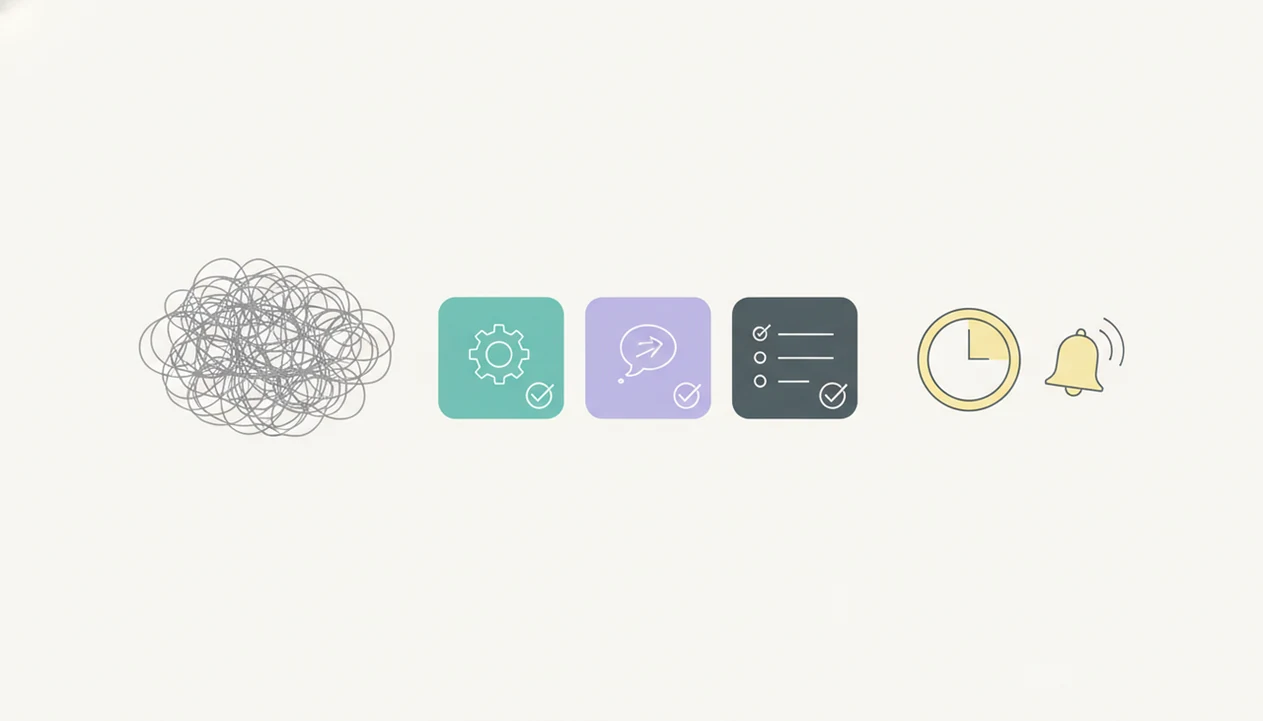 An illustration shows a tangled task becoming small steps, a timer, and a gentle prompt.
