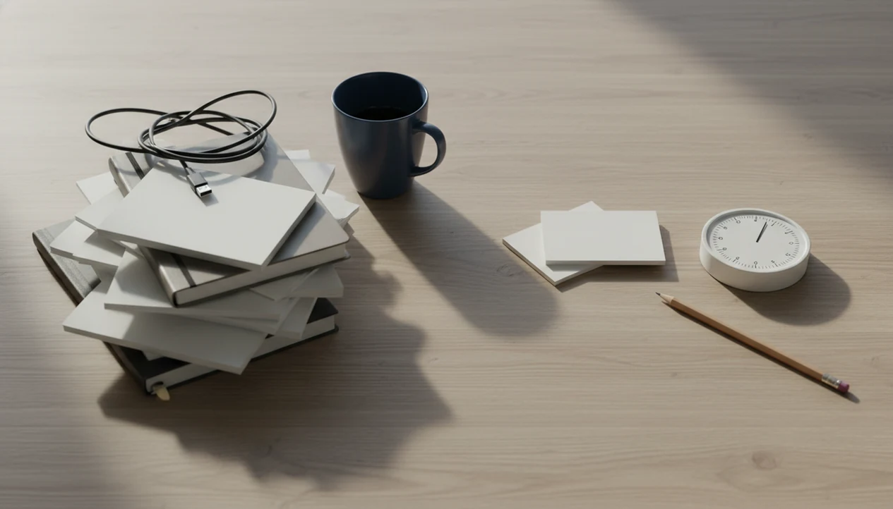A cluttered desk gradually becomes organized into small starter steps with a timer and pencil.