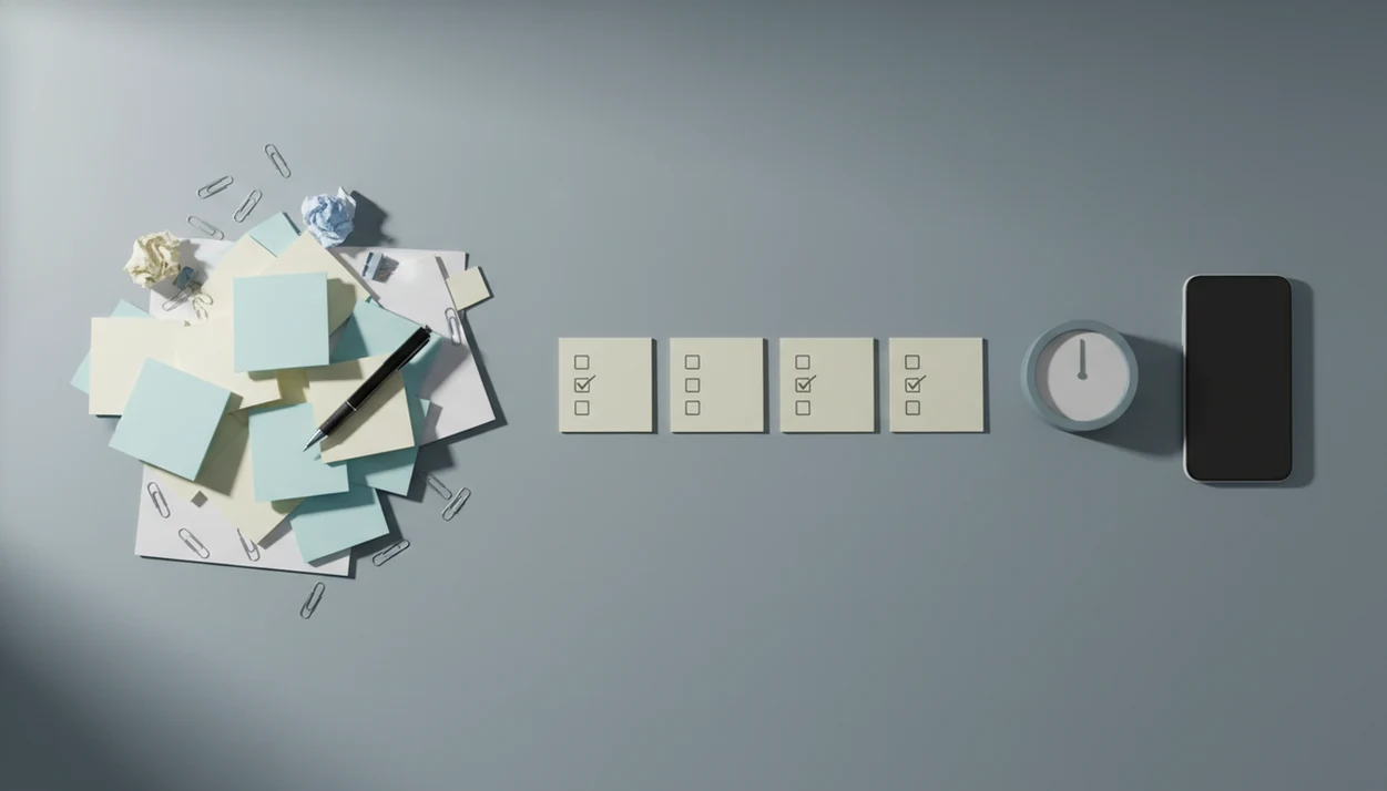A messy desk gradually becomes organized into small blank task cards beside a focus timer.