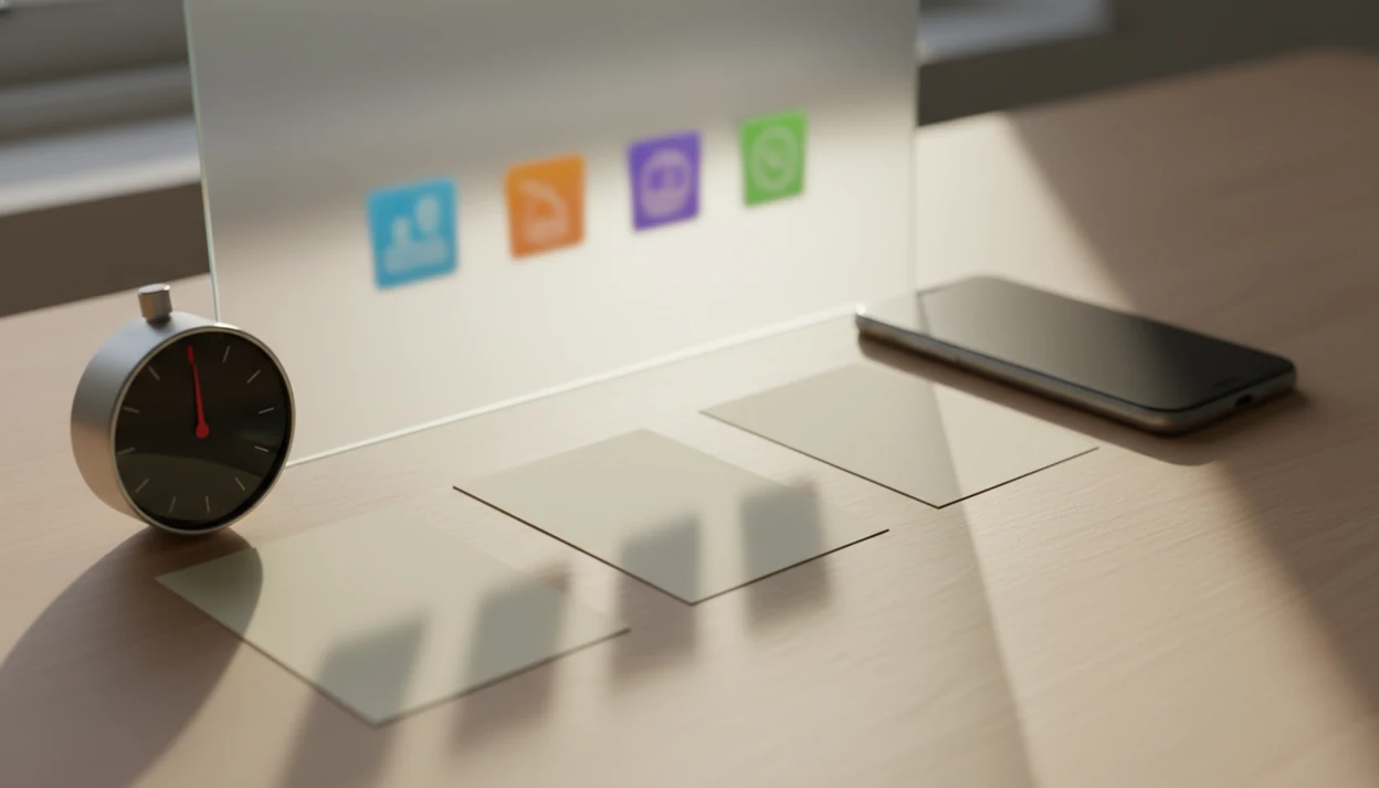 A phone, blank task cards, and a focus timer arranged to show a simple Android anti-procrastination setup.