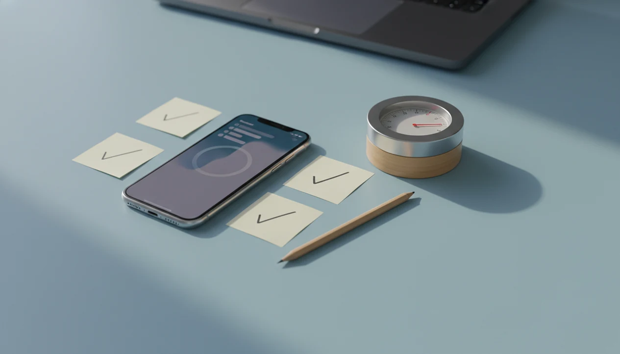 An iPhone beside blank task notes and a timer on a calm desk, suggesting focused work sessions.