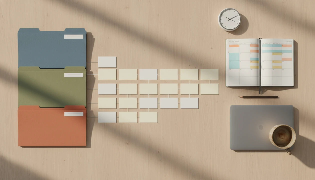 A tidy desk shows client folders broken into blank task cards beside a timer and planner.