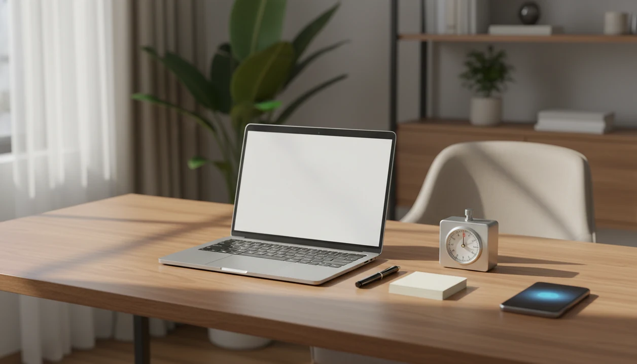 A calm home desk setup with a laptop, timer, task cards, and phone placed away from the workspace.