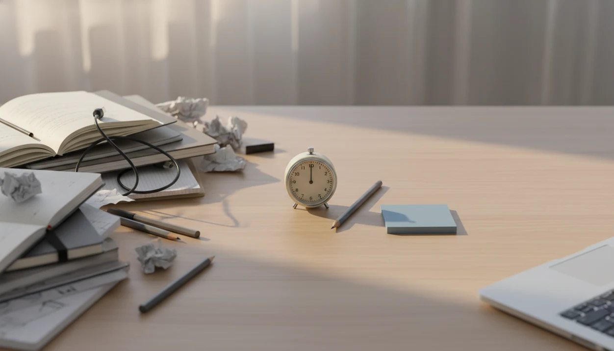A cluttered desk gives way to a clear space with a blank note, pencil, and timer ready to start.