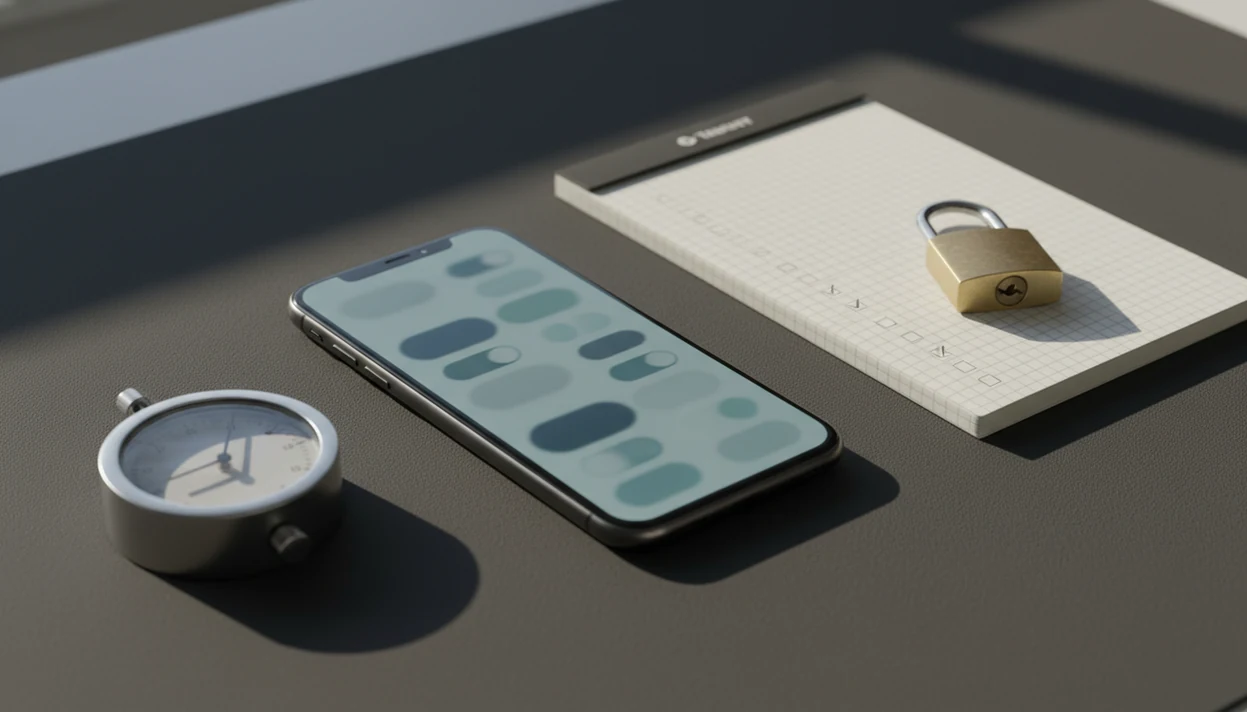 A phone, notebook, timer, and padlock on a desk suggest reviewing privacy before using a focus app.