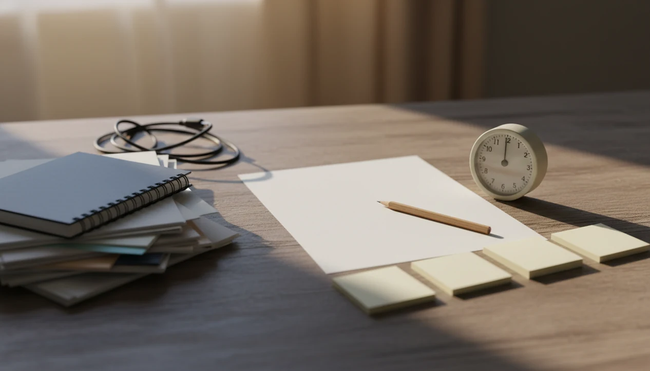 A tidy desk shows a small first step separated from a messy pile of unfinished work.