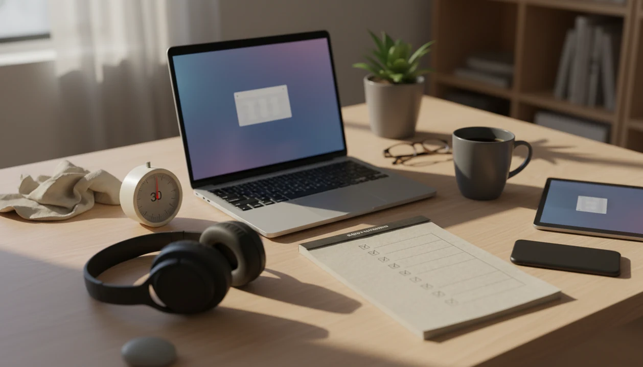 A tidy home office desk shows a timer, laptop, notebook, and distractions pushed to the side.