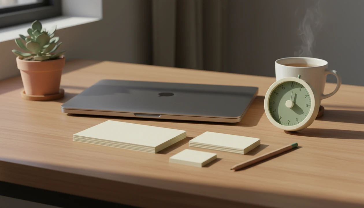 A calm desk setup with a timer, blank task cards, tea, and soft morning light for gentle focus.