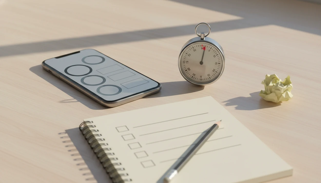 A desk setup with a phone timer, notebook checklist, pencil, and analog timer ready for a focus session.