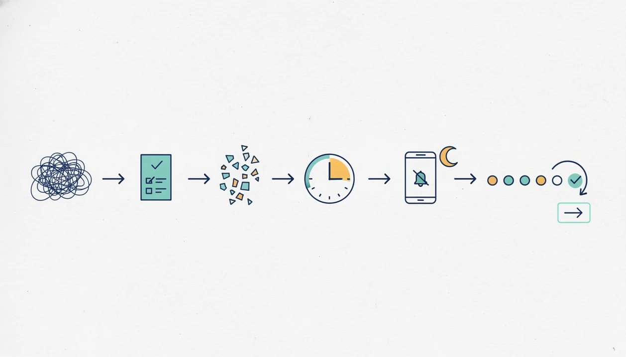 A six-part visual workflow shows a vague task becoming micro-steps, a timer, focus, progress, and reset.