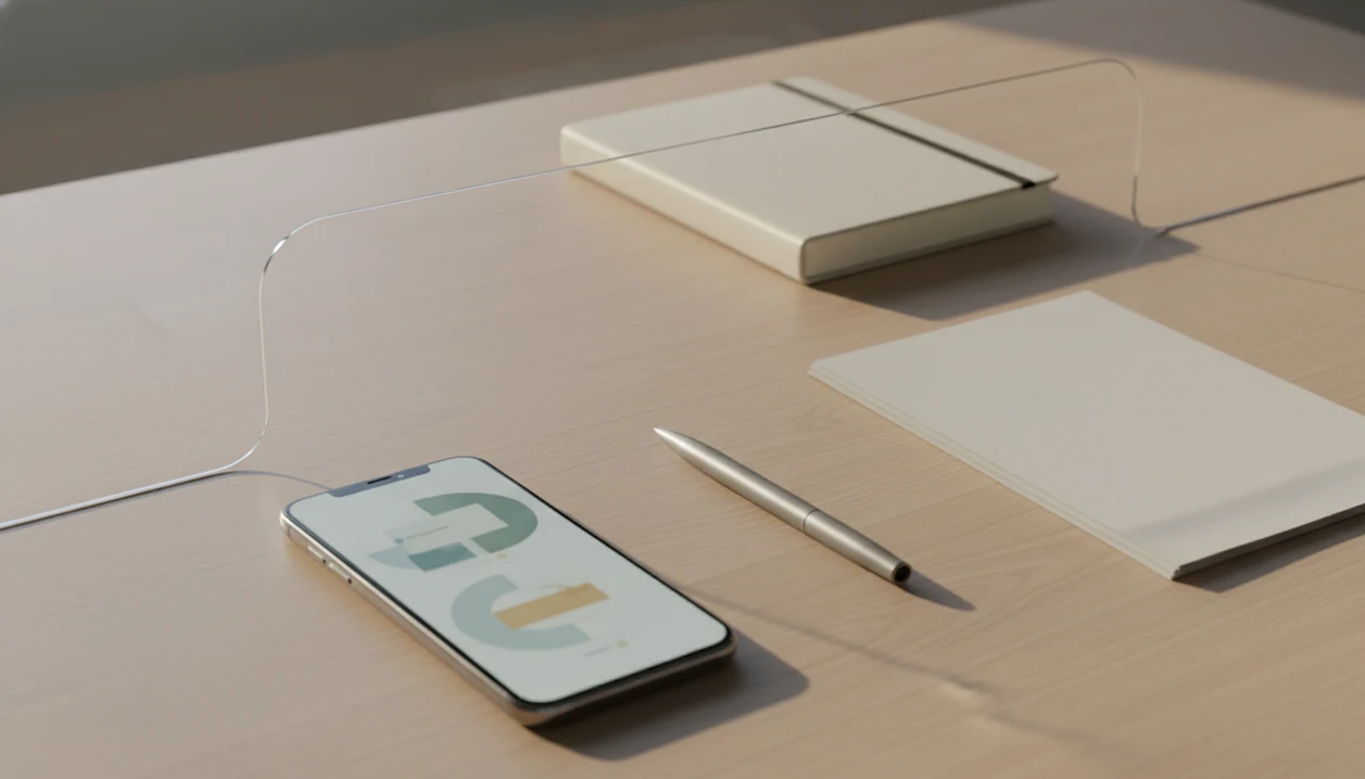 A phone and notebook sit on a desk, separated by glass to show the boundary between apps and diagnosis.