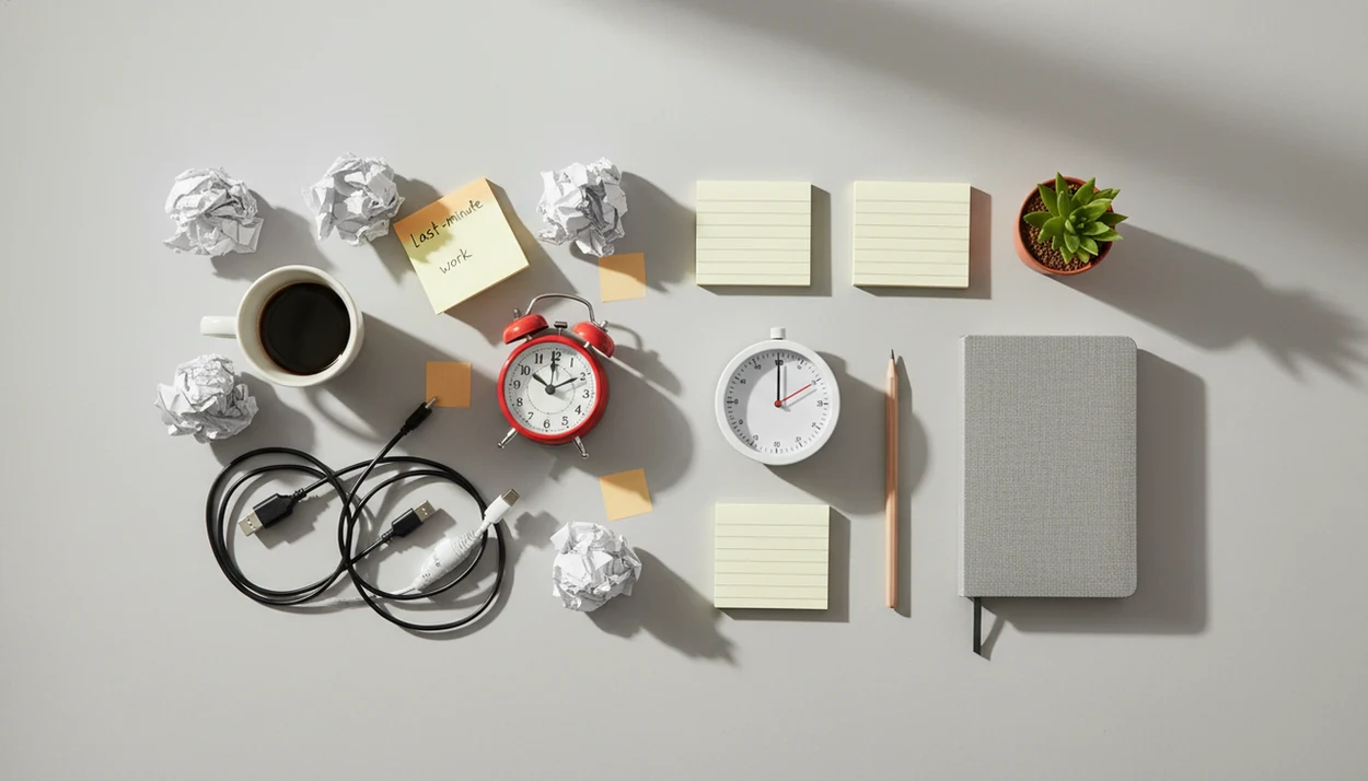 A split desk scene contrasts deadline chaos with a calm setup for planned focus sprints.