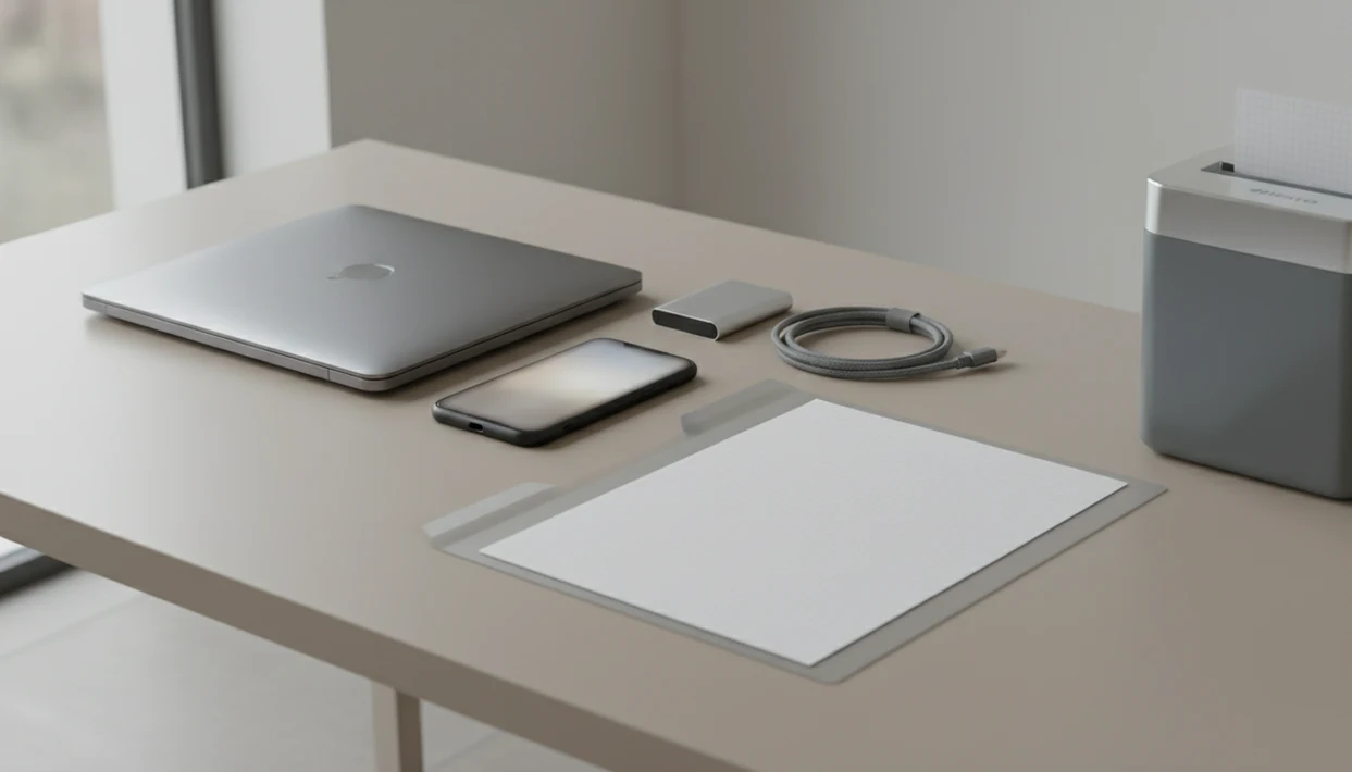 A laptop, phone, external drive, and shredder suggest exporting and deleting focus app data.