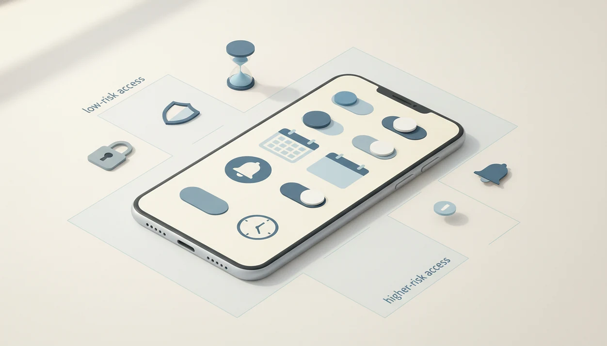 A symbolic desk illustration shows a phone, privacy controls, a lock, and focus timer elements.