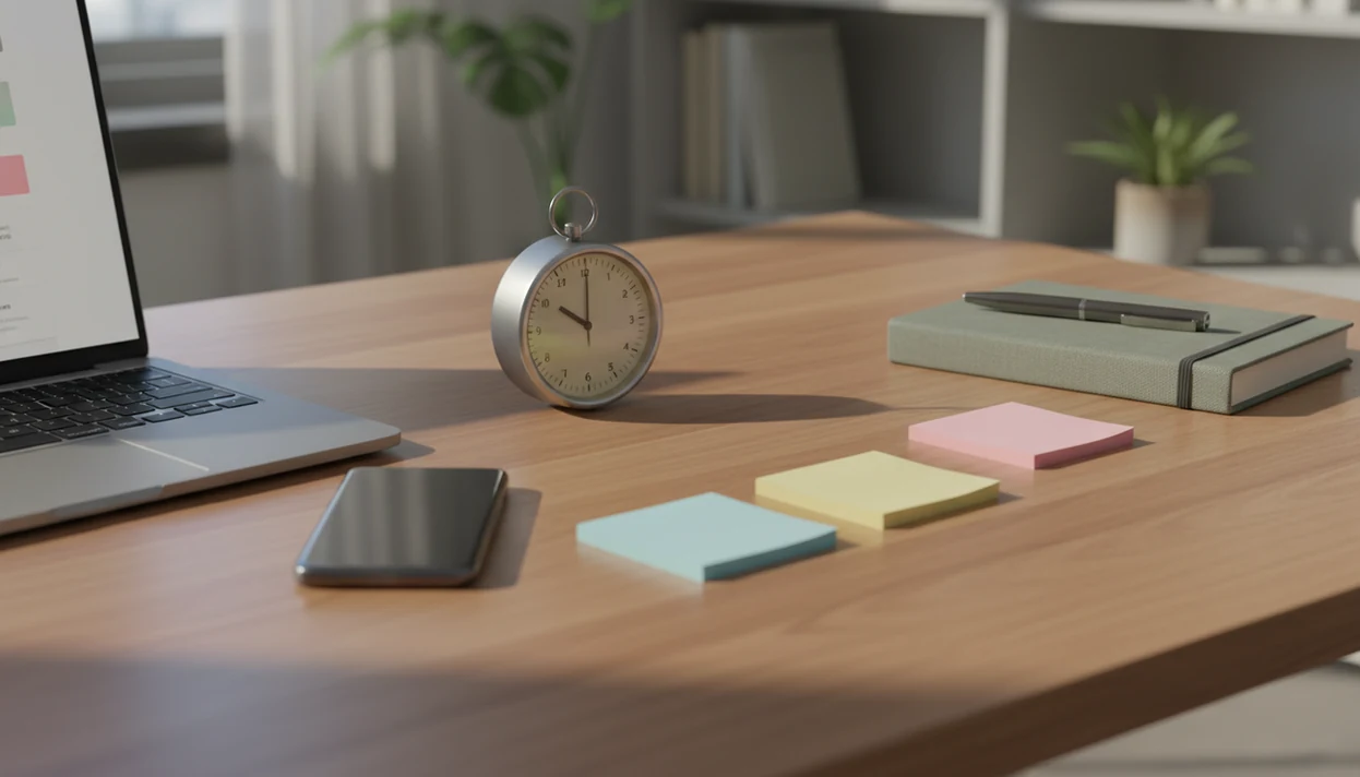 A tidy desk shows a laptop, timer, blank sticky notes, and phone arranged for focused work.