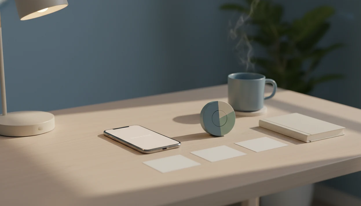 A calm desk shows a phone, timer, and blank task cards arranged as gentle ADHD reminder cues.
