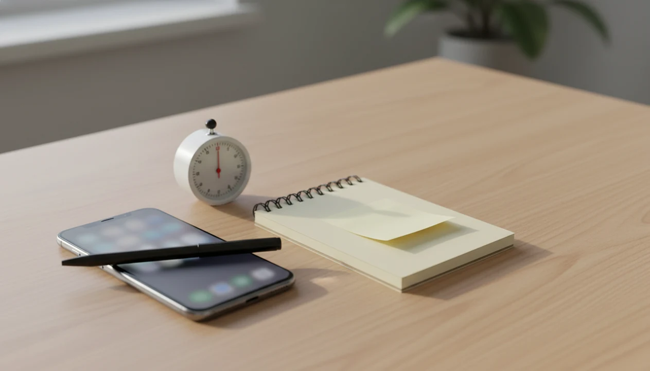 A dimmed phone sits beside a timer, notebook, and pen on a calm desk setup for focused work.