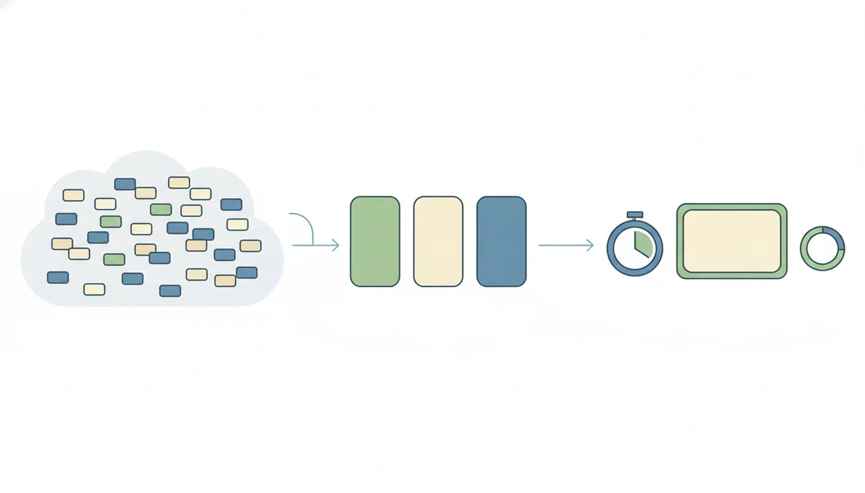 A simple diagram shows vague work turning into smaller task cards before a timer begins.