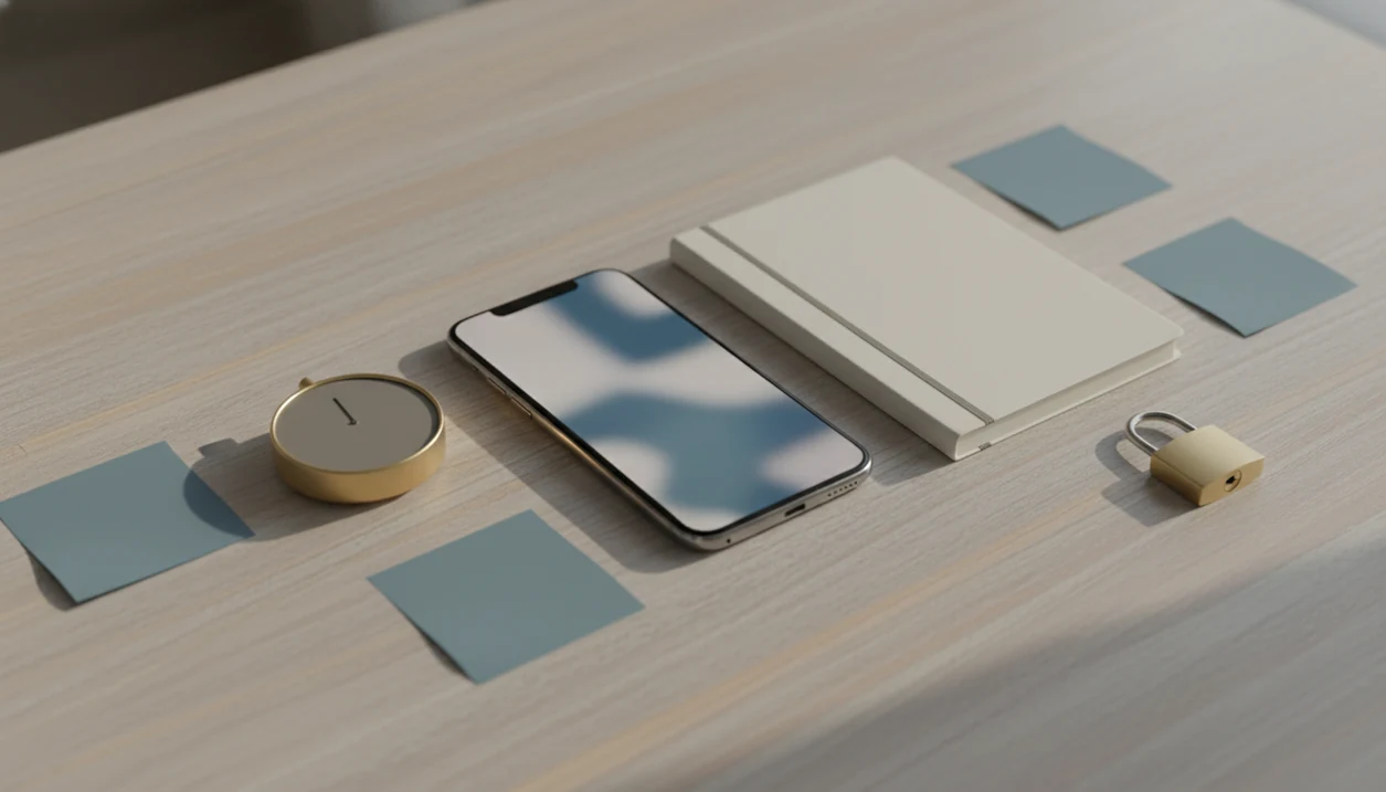 A phone, timer, notebook, and padlock sit neatly on a quiet desk to suggest private focus planning.