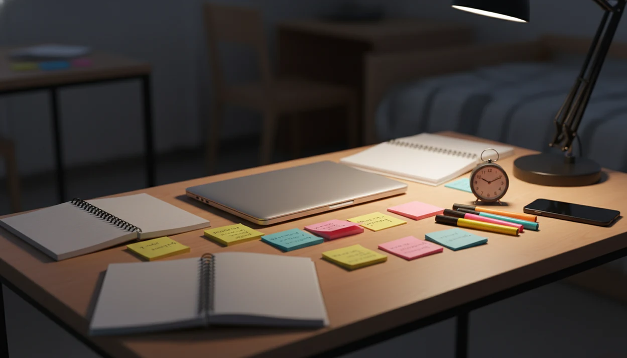 A calm student desk shows study materials, a timer, and small task cards ready for a focused session.