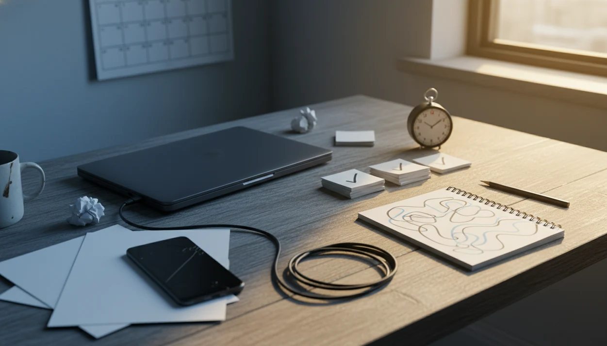 A desk shifts from cluttered avoidance to an organized routine with timer, task cards, and calendar.