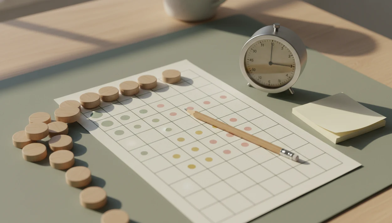 A quiet desk shows a paper habit grid, timer, pencil, sticky notes, and tokens forming a small progress streak.
