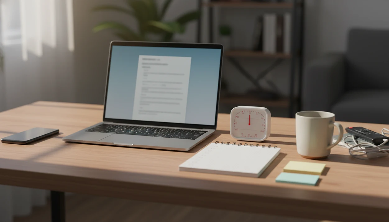 A tidy home desk shows a laptop, timer, notebook, and phone set aside for a protected focus block.