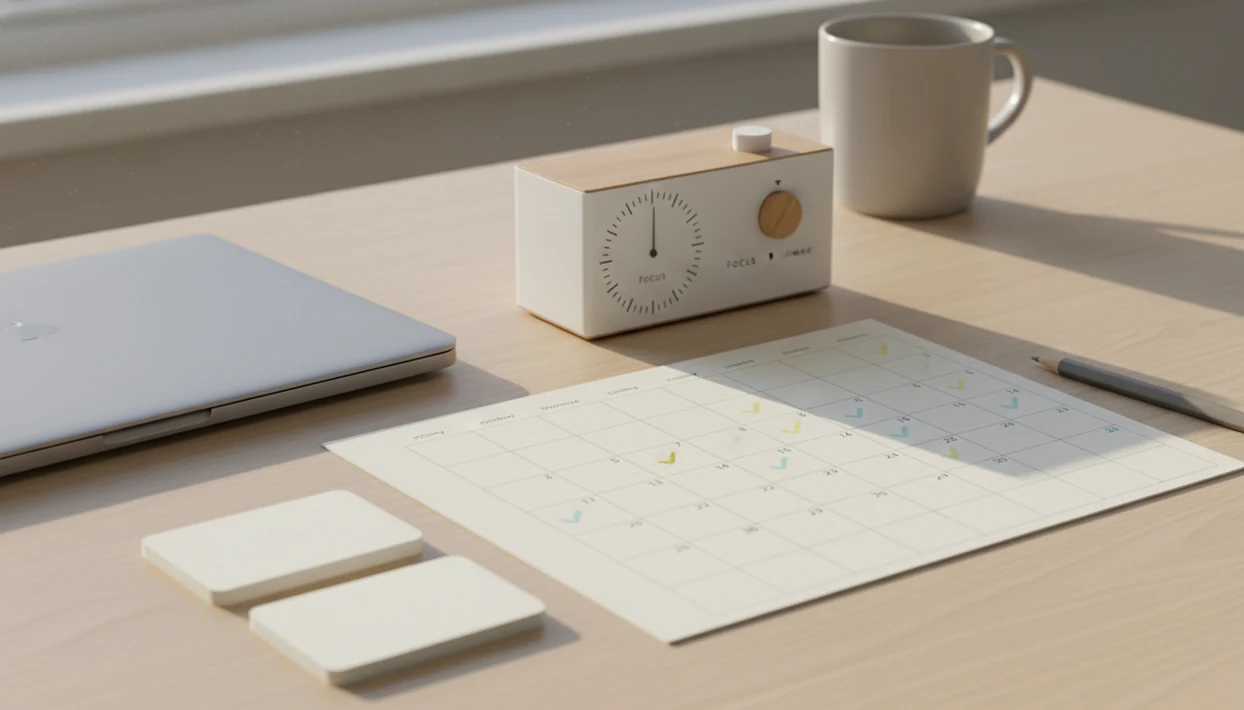 A calm desk setup with a focus timer, blank calendar grid, and task cards for a 30-day sprint.