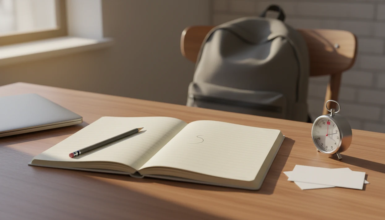 A quiet study desk with a notebook, pencil, timer, index cards, and a backpack waiting nearby.