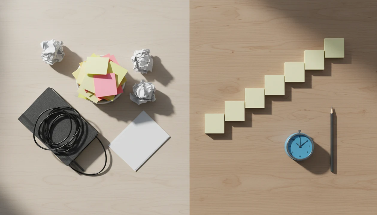 A messy desk turns into a neat sequence of blank task cards beside a timer and pencil.