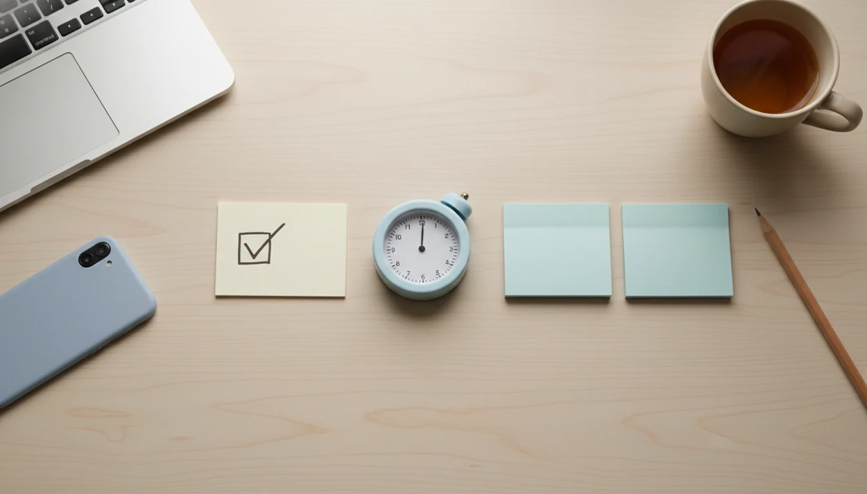 A tidy desk shows a timer, blank task cards, and a face-down phone prepared for a focused work sprint.