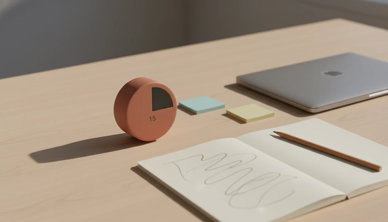 A visual timer sits on a quiet desk beside a notebook, pencil, laptop, and blank sticky notes.